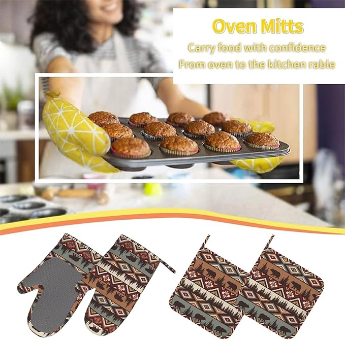 Vintage Rustic Bear Oven Mitts Bear Mountain Pot Holders Country Cabin Themed Cooking Apron Set of 5 Silicone Kitchen Glove Apron Non-Slip Heat Resistant for Chef Baking Cooking Grilling