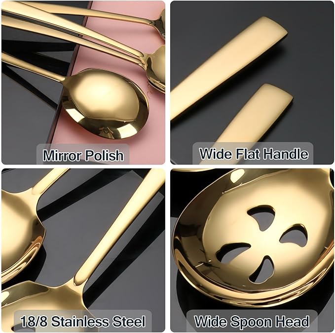 Large Serving Spoons Set Stainless Steel 12 Inch Slotted Spoon and Serving Spoon Serving Utensils for Buffet Catering Dishwasher Safe(1 Spoons, 1 Slotted,Gold)