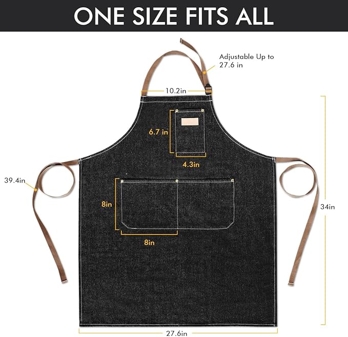 ROTANET Denim Work Apron with 3 Pockets Jean Shop Aprons for Chef Hairstylist Kitchen Woodworking for Men Women Blue Black