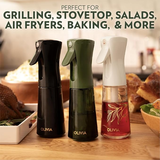 FLAIROSOL OLIVIA Signature Oil Sprayer for Cooking, 2 Pack 200ML Glass Olive Oil Sprayer, Continuous Cooking Spray Dispenser with Portion Control for Kitchen Air Fryer, Salad, BBQ, White
