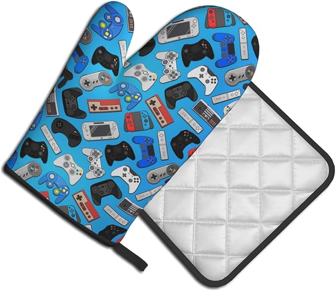 Video Game Controller Background Oven Mitts and Pot Holders Colorful Heat Resistant Oven Mitts Safe for Baking Cooking BBQ