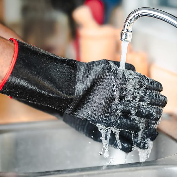 BBQ Gloves - Waterproof and Extreme Heat Resistant up to 932°F - Food-Grade Neoprene Rubber Mitts for Cooking, Grill, Grilling, Oven, Baking, Fire Pit - Non-Slip Grip, Cotton Lining and 14” Sleeve