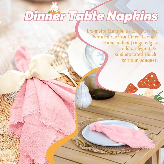Showgeous 10 Pack Pink Cloth Napkins with Fringe 16x16 inch 100% Cotton Pink Napkins Handmade Dinner Napkins Bulk Washable Soft Rustic Table Napkins for Wedding Parties Bridal Baby Shower