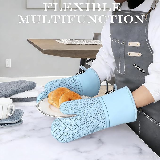 Oven Mitts and Pot Holders Sets 6pcs, Kitchen Oven Glove,High Heat Resistant 550 Degree Extra Long Oven Mitts and Potholders with Non-Slip Silicone Surface for Home Essentials (Grey) (Fog Blue)