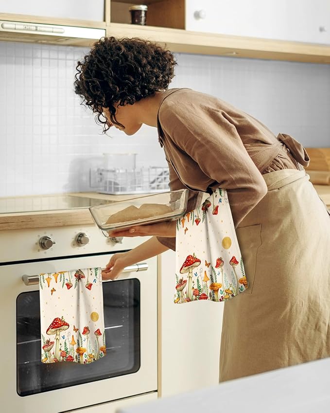 Miss Adola Flour Sack Kitchen Towels - Set of 2 Spring Dish Towels with Hanging Loop 18x26 Inch Absorbent Reusable Cotton Cloths for Cleaning Cute Design Home Decorative Housewarming, Mushroom Moon