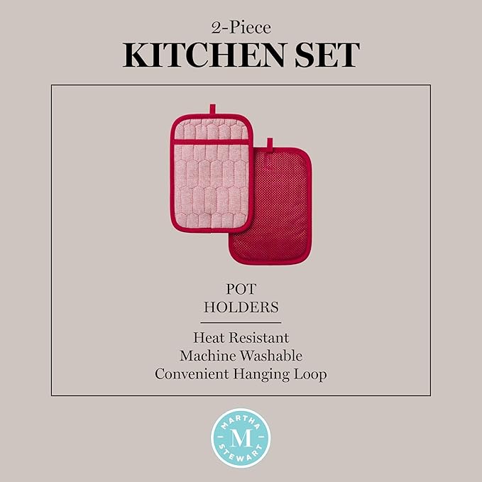 MARTHA STEWART Honeycomb Quilted Chambray Pot Holder 2-Pack Set, 100% Cotton, Flexible Non-Slip Silicone Grip, Heat Resistant, Red, 7"X10"