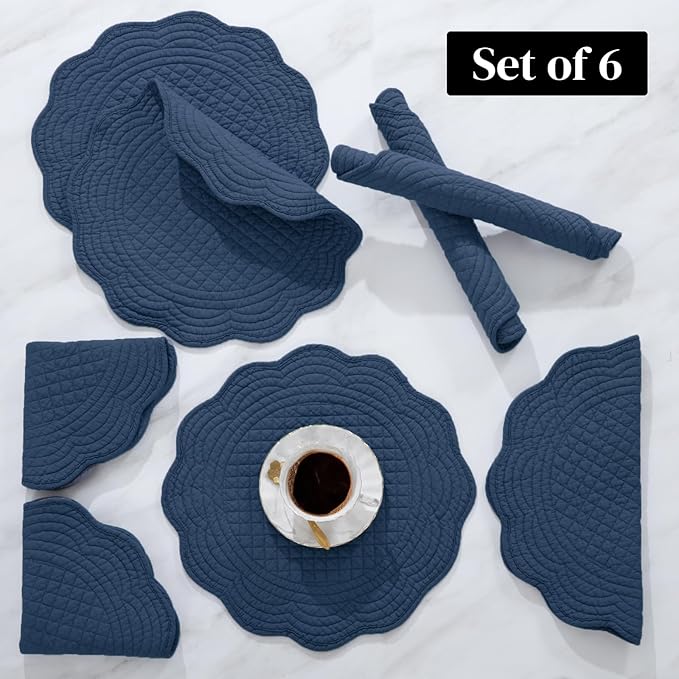 HOMBYS Quilted Placemats Set of 6 Washable Round Placemats for Kitchen Table-100% Cotton Fabric 14 Inch Round Table Mats, Cotton Fabric with Microfiber Filling, (14"x14", Sapphire Blue)