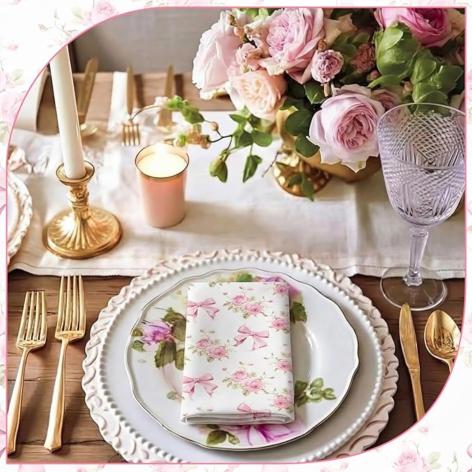 Floral Cloth Napkins 6 Patterns Washable Dinner Tea Party Napkins Reusable Plant Flowers Square Napkin Cotton Towel Decorative for Spring Wildflower Party(Bow Hydrangea,24 Pcs)
