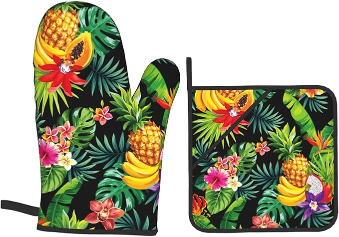 Tropical Fruit Pineapple, Palm Leaves and Flowers Oven Mitts and Potholders Professional Heat Resistant Cotton Oven Mitts Kitchen Gloves 4 Piece Set