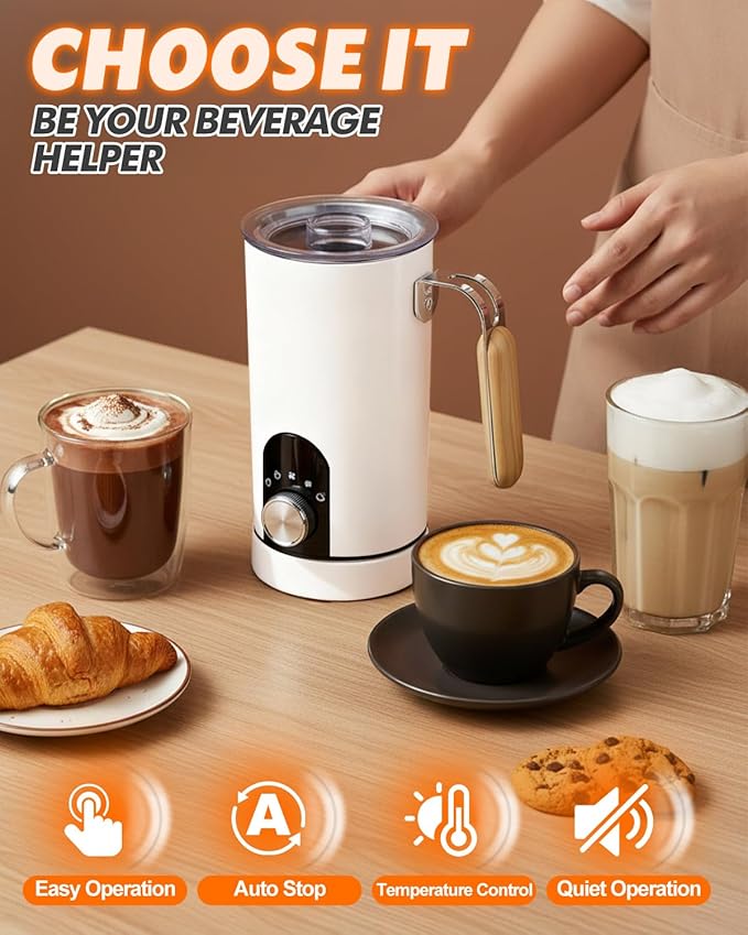5-in-1 Electric Milk Frother and Steamer, Automatic Milk Foamer Hot Chocolate Maker with Wood Grain Handle, 11.8oz Milk Warmer and Heater for Latte, Cappuccino, Hot Cocoa Maker, Frother for Coffee