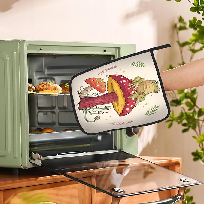 2PCS Green Frog Pot Holder with Loop,Mushroom Heat Resistant Oven Pads, Hot Pat for Kitchen Cooking Baking Food