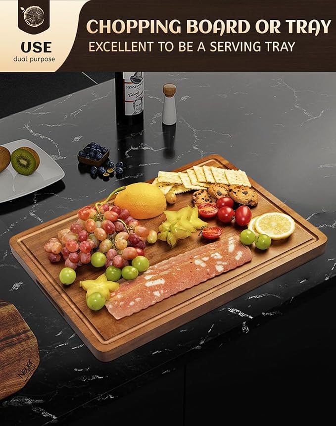 Large Acacia Wood Cutting Board for Kitchen, 17x12 Inch Reversible Wooden Chopping Board Charcuterie Board with Juice Grooves and Handle for Meat, Cheese, Vegetables, Fruits, Bread