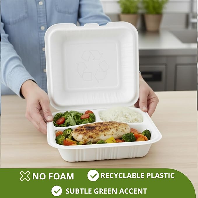 9x9 3-Compartment Hinged Vented Food Containers, 50 Pack – Clamshell Takeout Containers, Meal Prep Food Storage, 3 Compartment Food Containers, To Go Boxes & Cake Slice Box - White