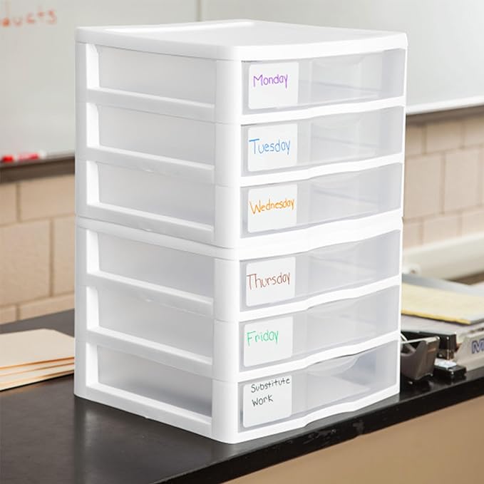 Sterilite 3-Pack Wide 3 Drawer Unit, Plastic Desktop Organizer with Clear Drawers, White Frame - Stackable Multi-Purpose Storage for Office Supplies, Craft Rooms, Classrooms and Home Organization