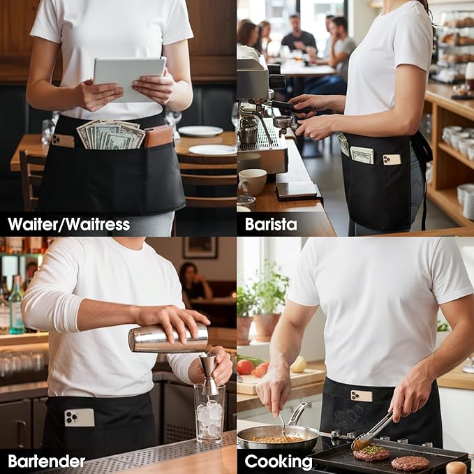 BOHARERS 4 Pack Waitress Apron With 3 Pockets-Black Server Aprons-Waiter Short Half Waist Servers Apron