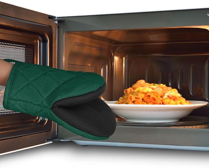 Short Oven Mitts, Heat Resistant 500°F, Silicone Grip Kitchen Gloves, Non-Slip for Baking, Grilling, BBQ, Machine Washable with Hanging Loop, 2-Pack Set, Army Green