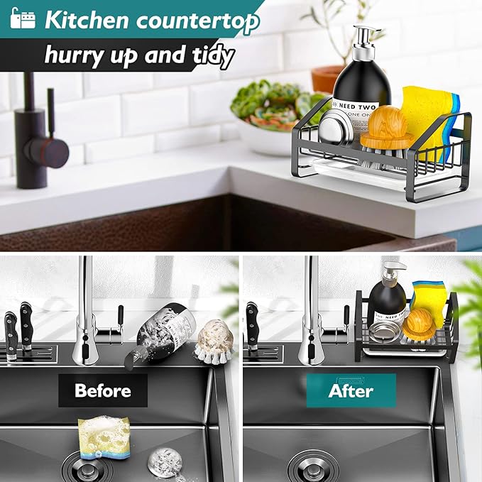 BSKSSK Sink Caddy, Sponge Holder for Kitchen Sink, Bathroom Sink Organizer, 304 Stainless Steel Kitchen Countertop Organizer Soap Tray with Removable Drain Tray-Black