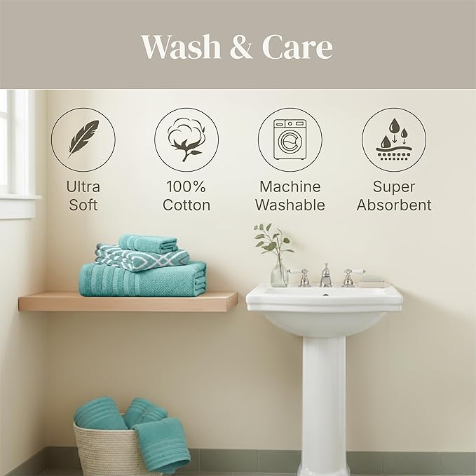 Modern Threads Classic Diamond 6-Piece 100% Cotton Towel Set – Yarn Dyed Jacquard – Includes 2 Bath Towels, 2 Hand Towels, 2 Washcloths – Absorbent, Quick Dry, Soft & Durable – Aqua