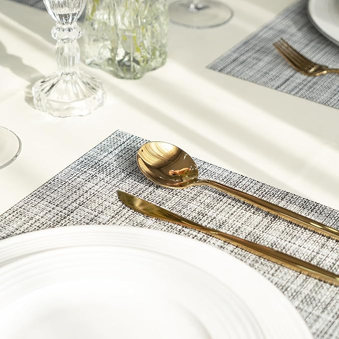 Placemats Set of 6 Vinyl/Plastic Woven Place Mats for Kitchen Table Indoor/Outdoor Washable Placemat Wipeable Dining Table Mats (Grey,6)