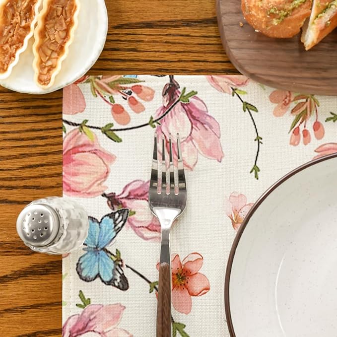 Artoid Mode Flowers Bird Butterfly Spring Placemats Set of 4, 12x18 Inch Seasonal Summer Table Mats for Party Kitchen Dining Decoration