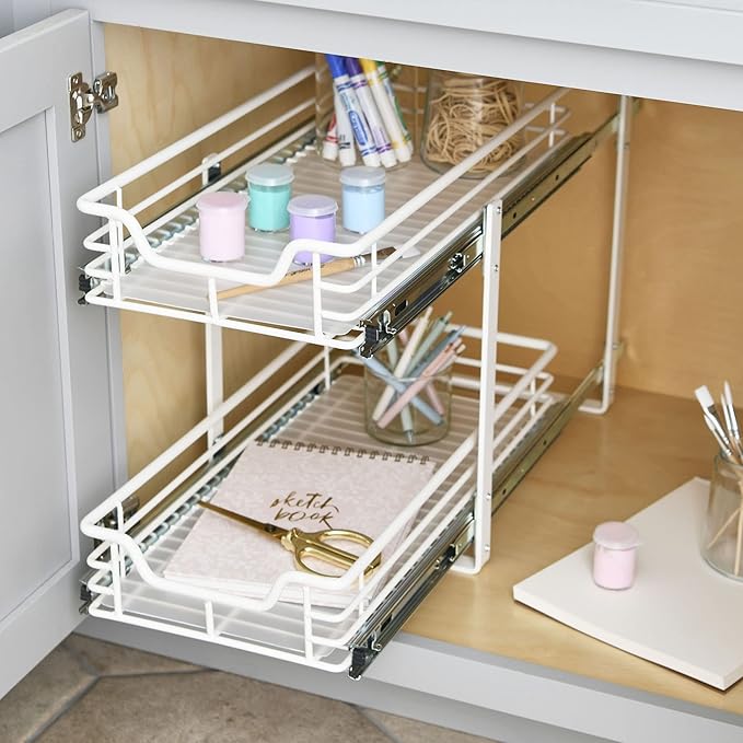Household Essentials Glidez Multipurpose Powder-Coated Steel Pull-Out/Slide-Out Storage Organizer with Plastic Liners 2-Tier Dual-Slide Design, White
