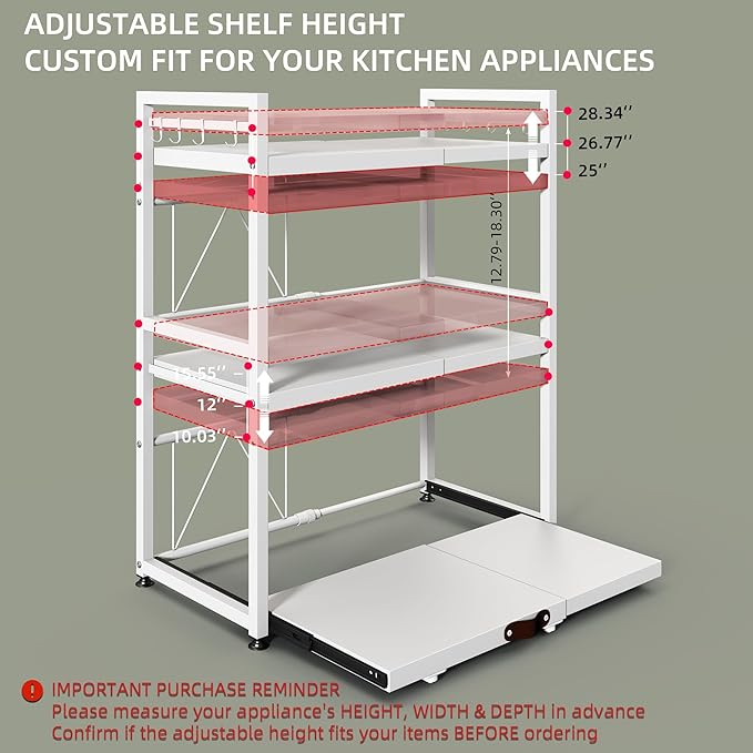 NETEL Expandable Microwave Stand,3 Tier Metal Kitchen Countertop Organizer Shelves with 8 Hooks,Bakers Rack,Pull-Out Microwave Shelf,Metal Storage Shelves,110lbs Weight Capacity,White