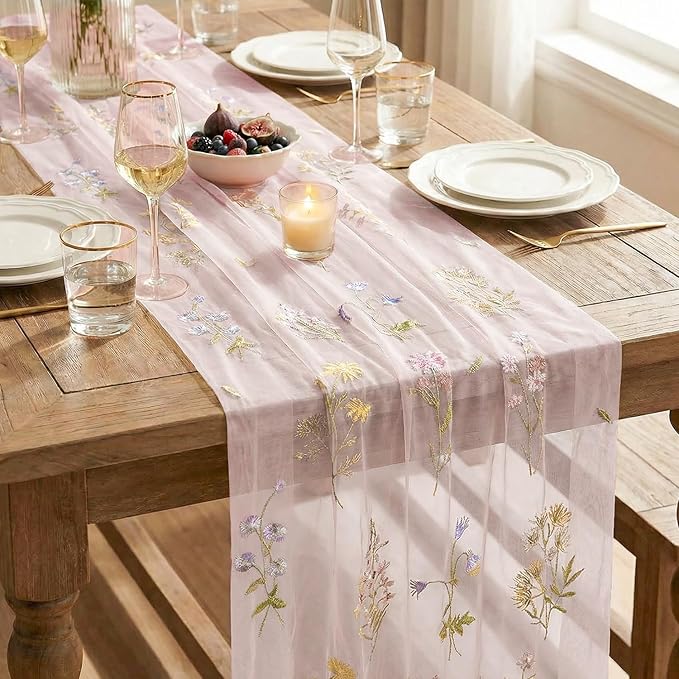 Artoid Mode Wildflower Floral Light Pink Gauze Embroidery Table Runner 120 Inch 10FT, Tulle Seasonal Spring Kitchen Dining Table Decor for Home Party