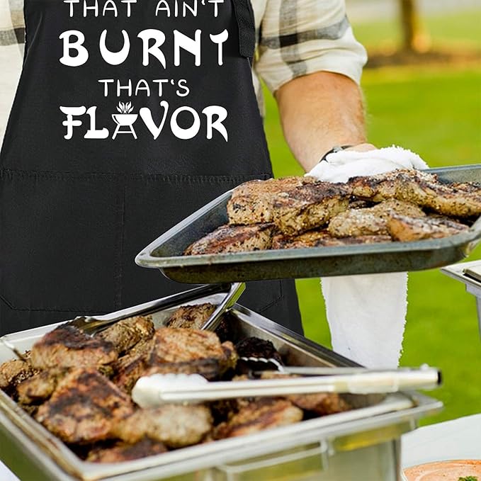 Rosoz Funny BBQ Black Chef Aprons for Men, That Ain't Burnt That's Flavor, Adjustable Kitchen Cooking Aprons with Pocket Waterproof Oil Proof Valentine's Day/Birthday