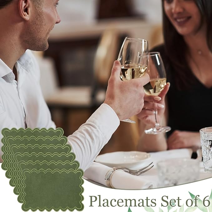 HunnmingRe Set of 6 Cotton Linen Placemats, 13x19 Inch Scalloped Wavy Embroidery Placemat Double Layered Washable Rustic Rectangle Dinner Table Mats for Wedding Home Decor(Moss Green with Green)