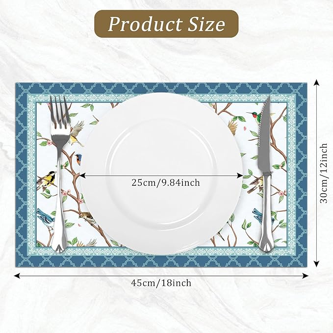 comfoyar Blue Bird Placemats Set of 4, 12x18 Inch Non-Slip Linen Spring Flower Place Mats, Washable Absorbent Table Mats for Kitchen Dining Party Table Decoration