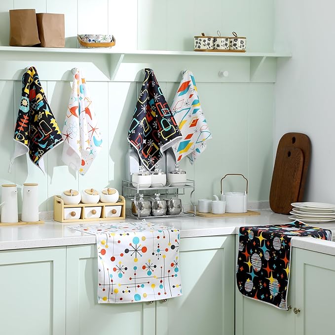 Bencailor 6 Pcs Black Geometric Kitchen Towels Decorative Sets Dish Towels Absorbent Fast Drying Hand Tea Vintage Hanging Reusable Cleaning Dishcloths for Cooking Farmhouse Bathroom Accessory
