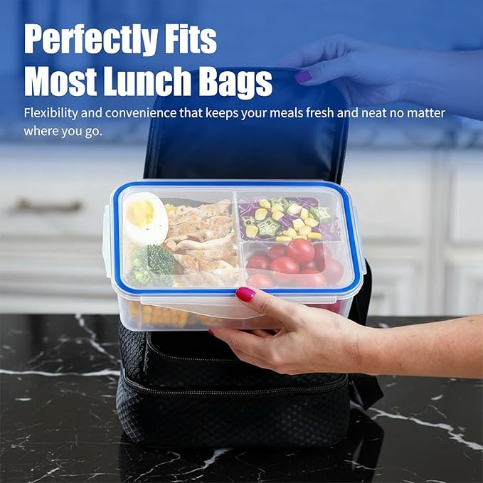 KIGI Meal Prep Containers for Adult Lunch & Snacks, Leak-Proof, BPA-free Plastic, Removable Divided Inserts, Airtight lids, 3 Compartment Food Storage, Microwave Safe, Bento Box, 4.7 Cup, 12 Piece Set