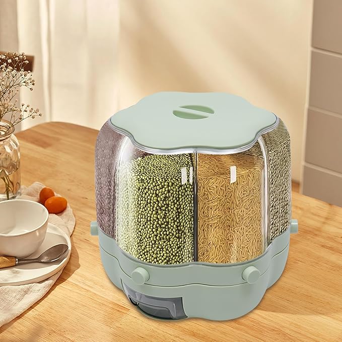 6 Grids Grain Dispenser Can, 360°Rotating Cereal Rice & Grain Storage Container with Lid Rotatable Sealed Food Storage Bucket Dry Food Dispenser for Grains Beans (17.63Lbs Matcha Color)