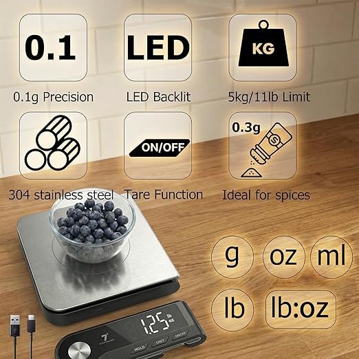 11lb/5kg Digital Kitchen Food Gram Scale with Pull Out Display, 0.1g/0.001oz Precision Wireless Bakery Scale, LED Backlight, 5 Units, USB Rechargeable, Stainless Steel Platform