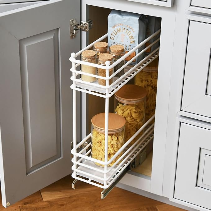 Household Essentials Glidez Paint-Finished Steel Pull-Out/Slide-Out Basket Storage Organizer with Plastic Liners for Under Cabinet Use - 2-Tier Design - Fits Standard Size Cabinet or Shelf, White