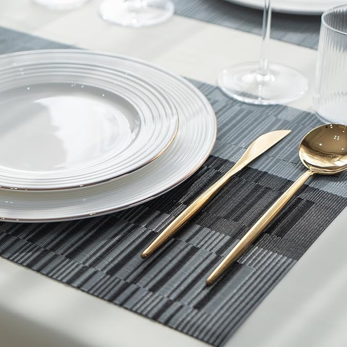 Placemats Set of 8 Vinyl/Plastic Woven Place Mats for Kitchen Table Indoor/Outdoor Washable Placemat Wipeable Dining Table Mats (Ombre Silver Grey Black,8)