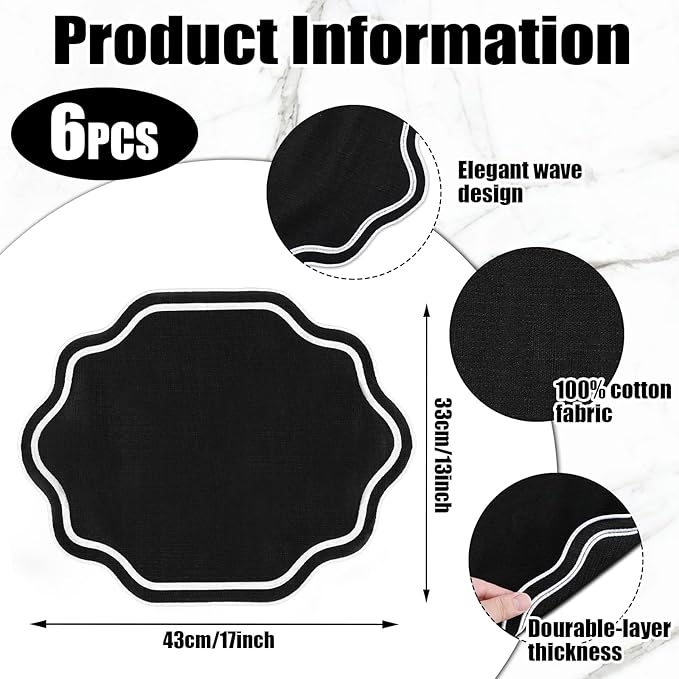 Breling 6 Pcs Wedding Placemats Scalloped Embroidered Cotton Linen Placemats 17" x 13" Double Layered Machine Washable Table Place Mat for Party Table Decor (Black)