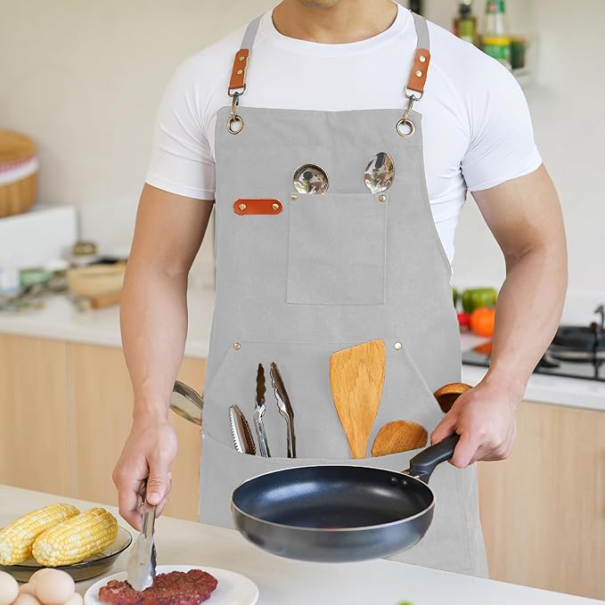 Aoomzoon Canvas Aprons for Men Chef Apron, Work Apron with Large Pockets - 16oz Heavy Duty Cross Back, BBQ, Cooking