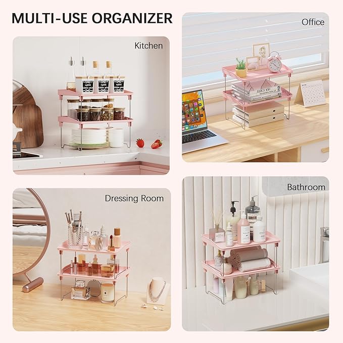 STARLATTA 2 Pcs Cabinet Organizer Shelf,Stackable Kitchen Counter Shelves, Spice Rack,Countertop Organizers,Pink Plastic Storage Shelves Rack for Makeup,Bathroom, Cupboard,Desk,Pantry Organization