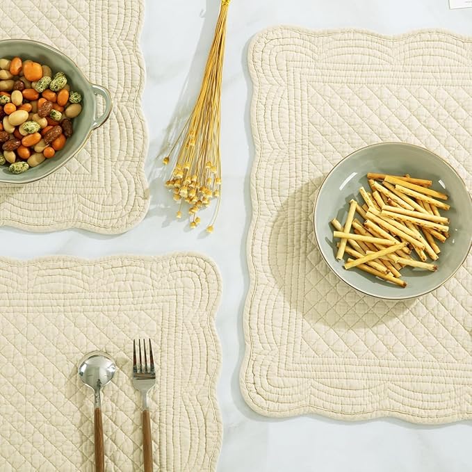 HOMBYS Quilted Placemats Set of 4 Washable-Rectangular Placemats for Kitchen Table-100% Cotton Fabric Rectangular Table Mats-Cotton, (Flax)