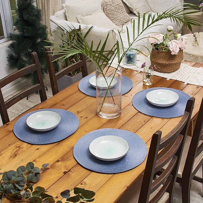 AHHFSMEI Round Placemats Set of 6 Heat Resistant Washable Non-Slip Woven Braided Table Mats for Dining Table Kitchen & Home Decor (Light Blue)