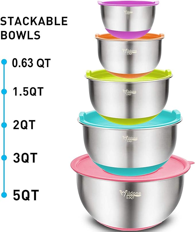 Wildone Mixing Bowls with Airtight Lids Set, 5PCS Stainless Steel Nesting Bowls for Kitchen, with Grater Attachments & Non-Slip Bottoms, Size 5, 3, 2, 1.5, 0.63 QT, for Baking & Serving (Colorful)