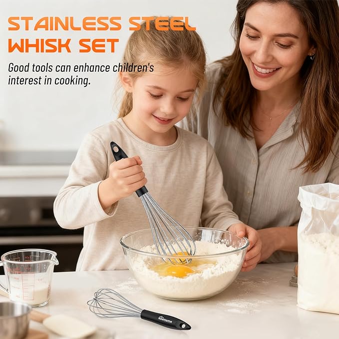 NileHome Silicone Whisk Set 8" 10" Kitchen Whisk Kitchen Wisk Wire Whisks for Cooking, Whisking, Blending, Beating, Stirring-Black Silver