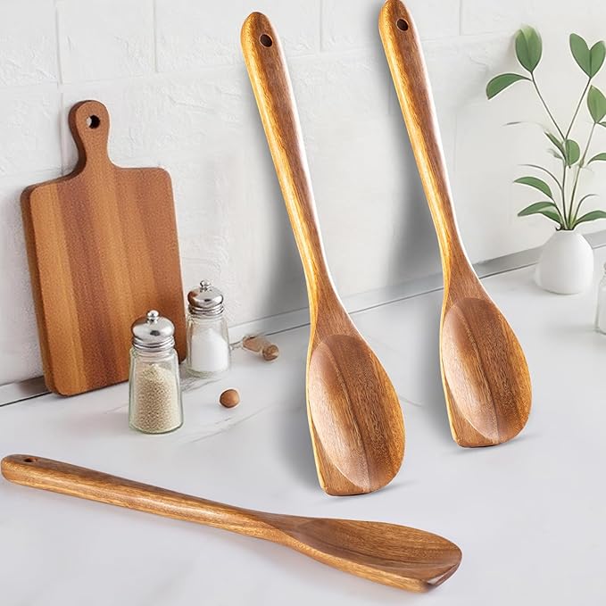 2 Pack Premium wooden spoons for cooking - Acacia Wood Kitchen utensils for Cooking and Stirring, Durable Hardwood Stirring Spoon, Non-Scratch Cooking utensil Tool, Ergonomic Handle 13 Inches
