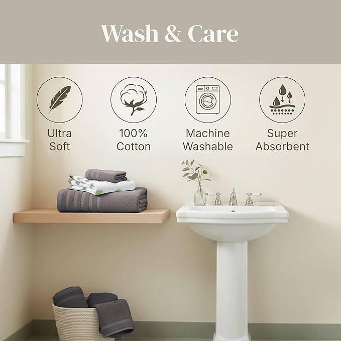 Modern Threads Natural Vine 6-Piece 100% Cotton Towel Set – Yarn Dyed Jacquard – Includes 2 Bath Towels, 2 Hand Towels, 2 Washcloths – Absorbent, Quick Dry, Soft & Durable – Gray