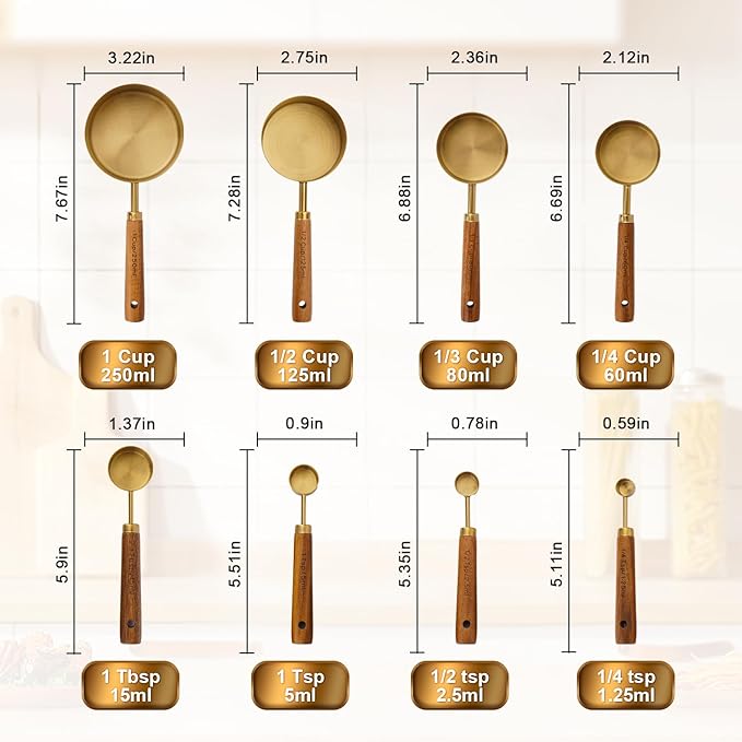 Premium Stainless Steel Measuring Cups and Spoons Set with Wood Handle, 8-Pieces Kitchen Essentials for Baking, Cooking, Coffee with Ergonomic Grip & Engraved Markings (Gold8)