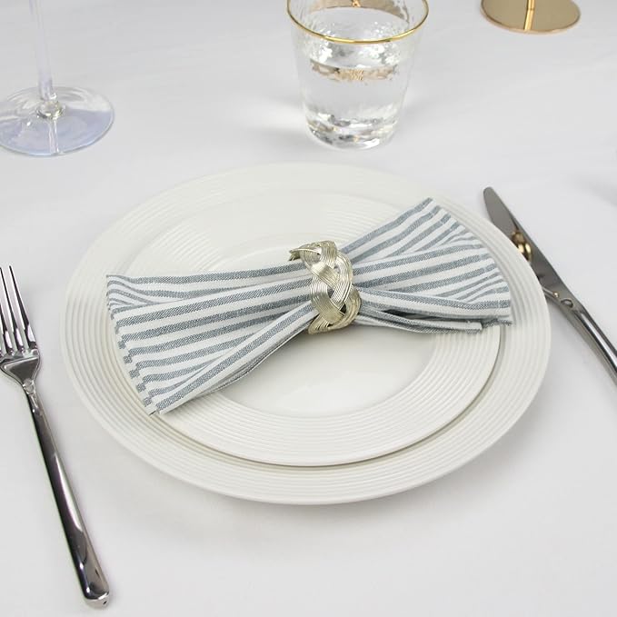 Plain Striped Cotton Linen Blended Dinner Cloth Napkins - Set of 12 (40 x 30 cm) - for Events & Home Use (Ocean)