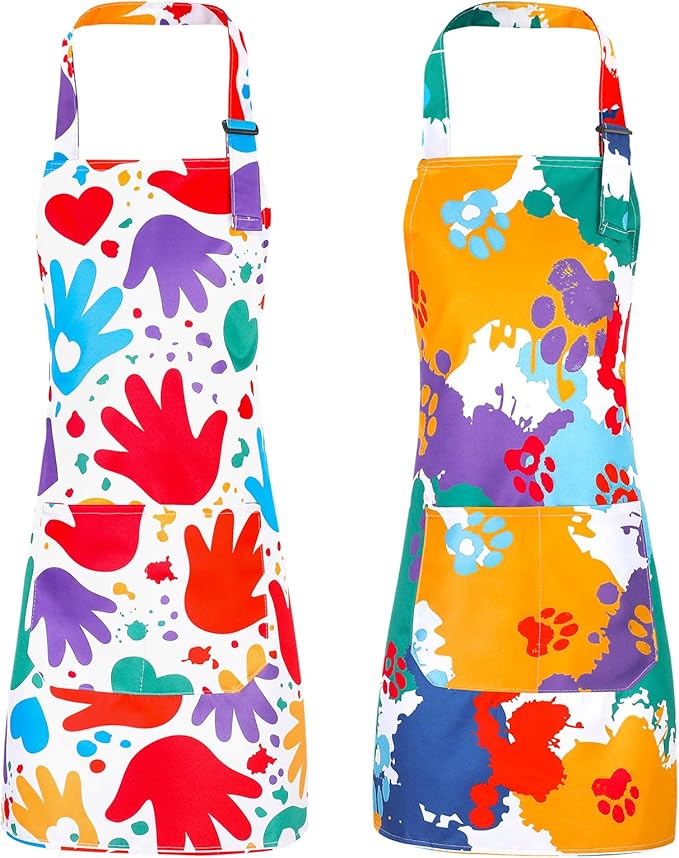 2 Pack Kids Apron, Cute Cooking Aprons, Waterproof Art Apron with Pockets, Toddler Painting Artist Apron Adjustable