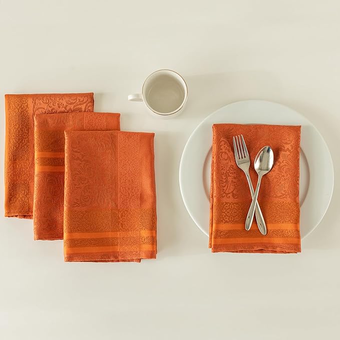 Benson Mills Ravenna Yarn Dyed Jacquard Heavyweight Fabric Cloth Napkin, for Everyday, Parties, Weddings, Holiday, Fall and Thanksgiving Tablecloths (18" x 18" Napkins Set of 4, Bison/Rust)