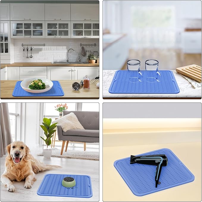 ZLR Silicone Dish Drying Mat 12" x 12" Square - Small Heat Resistant Trivet & Countertop Protector for Air Fryer, Coffee Maker - Waterproof Kitchen Drain Pad for Cups, Fruit (Lichen Blue)